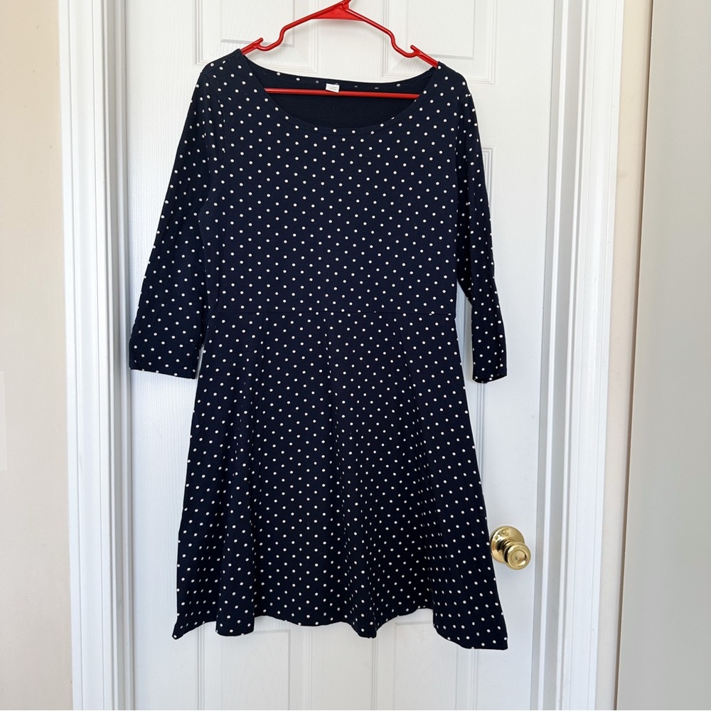 Old Navy Ponte Jersey Polka Dot Dress Large Navy Blue White Stretchy EUC
